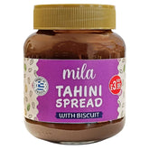 A 340g jar of Mila - Tahini Spread With Biscuit, with a purple label and brown plastic lid, priced at £3.99—ideal for anyone craving smooth tahini blended with biscuit flavor.